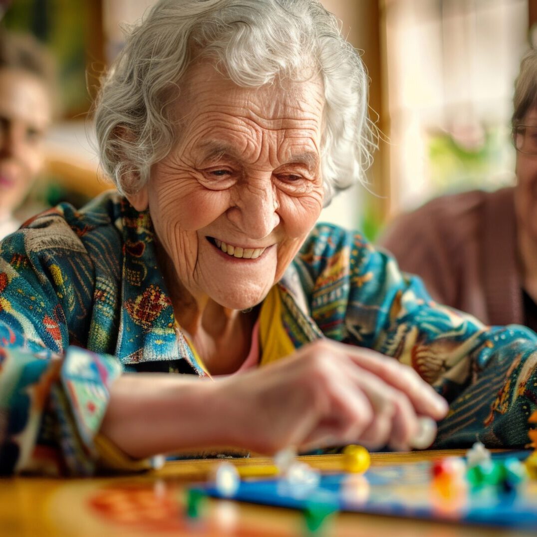 Elderly woman setting up a board game to play with her visiting family members